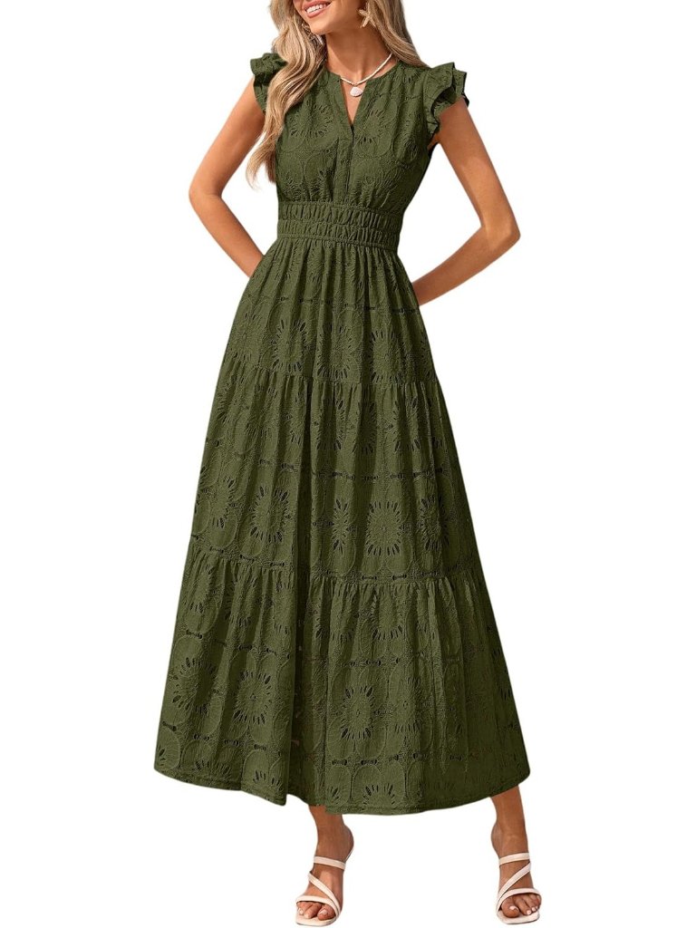Women's Green Short Sleeves Summer Floral Lace V Neck Maxi For Beach Vacation